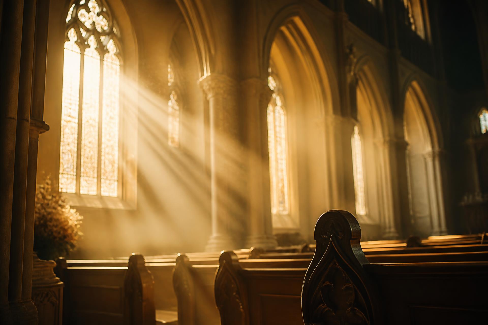 Golden sunlight streaming through elegant church windows